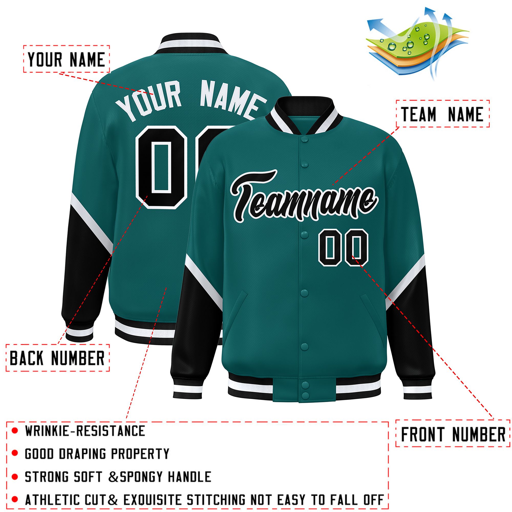 Custom Aqua Black Varsity Full-Snap Color Block Letterman Baseball Jacket