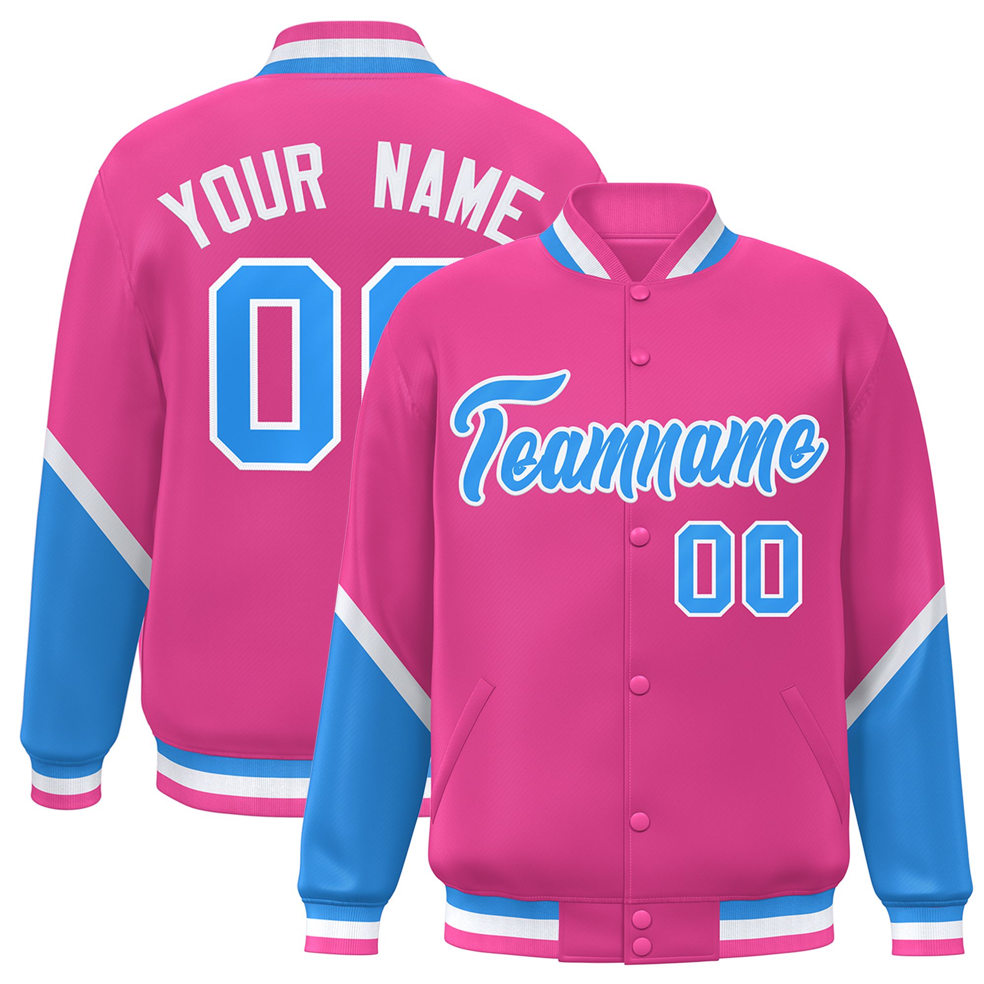 Custom Pink Powder Blue Varsity Full-Snap Color Block Letterman Baseball Jacket