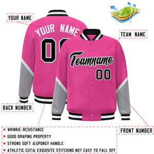 Custom Pink Gray Varsity Full-Snap Color Block Letterman Baseball Jacket