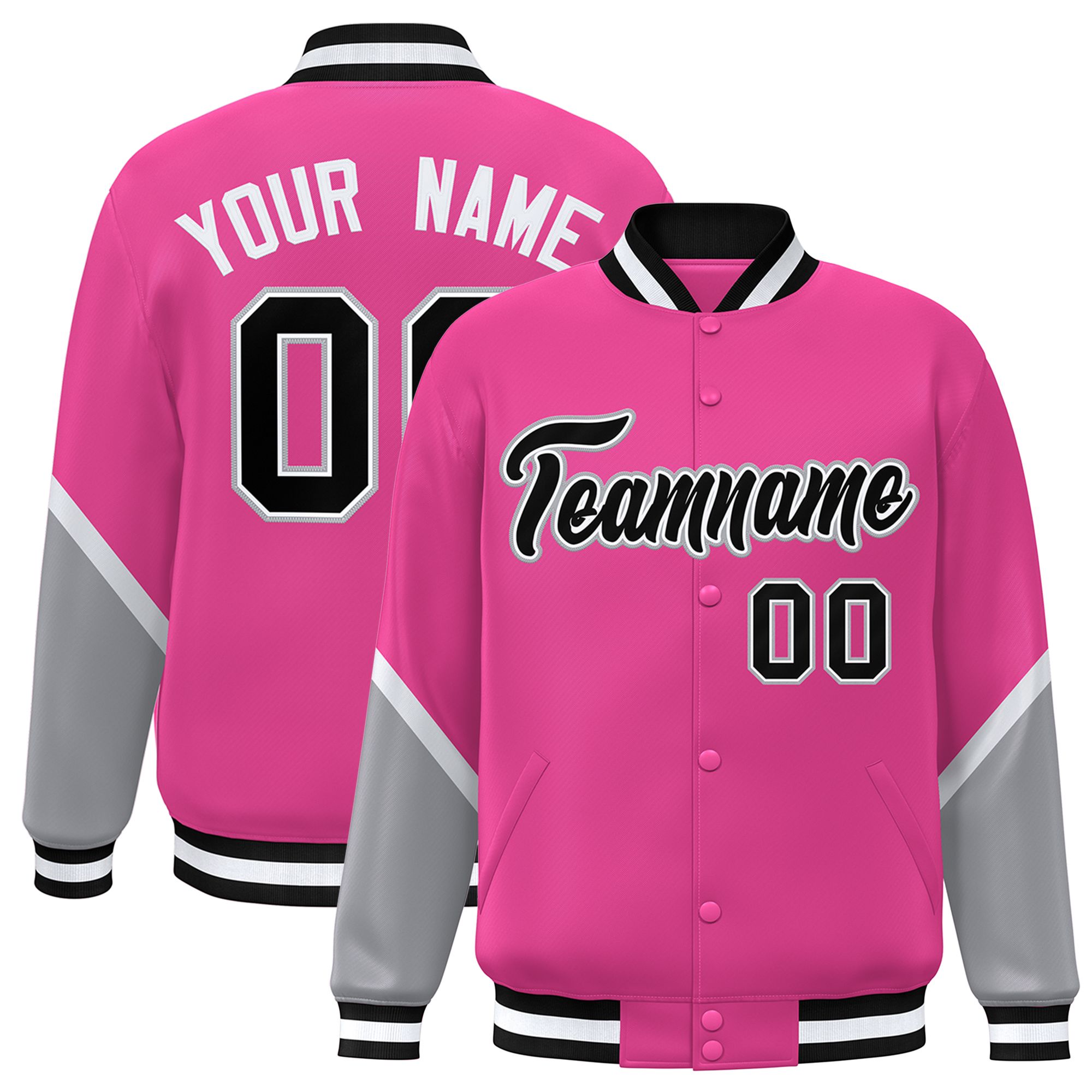 Custom Pink Gray Varsity Full-Snap Color Block Letterman Baseball Jacket