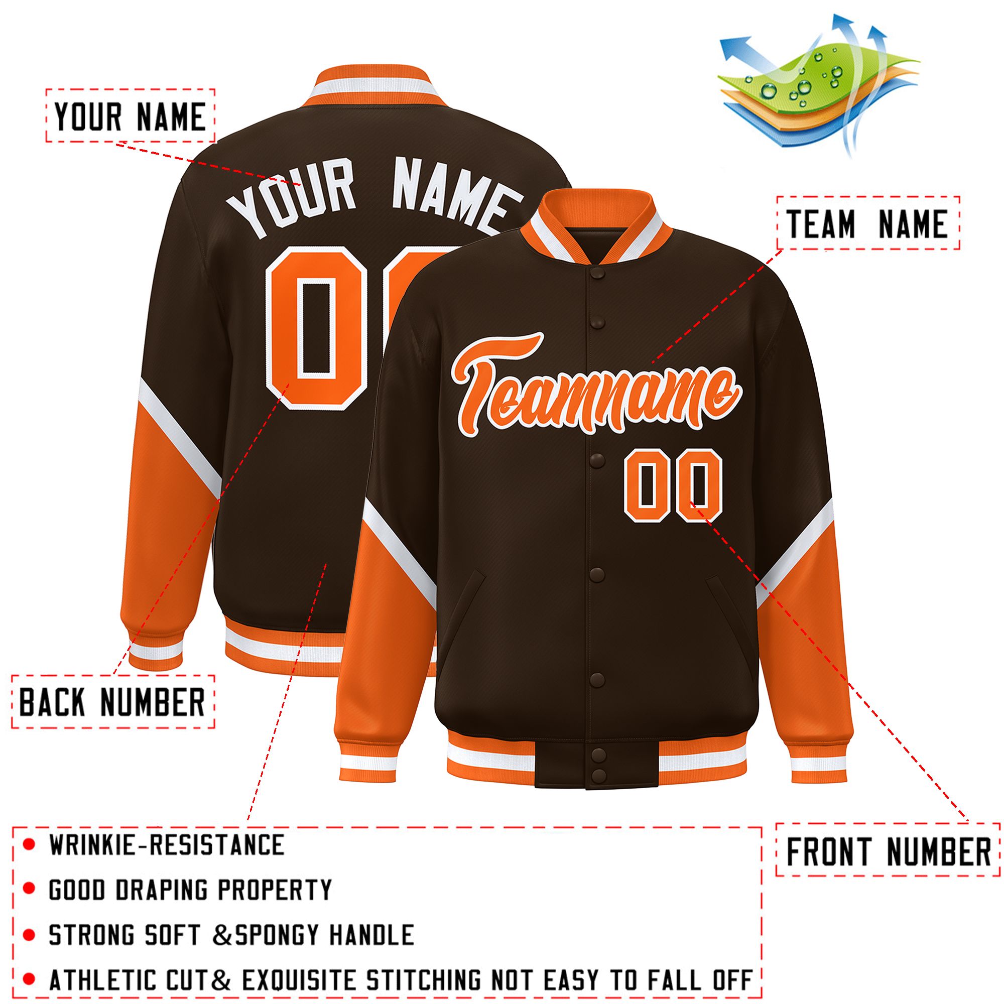 Custom Brown Orange Varsity Full-Snap Color Block Letterman Baseball Jacket