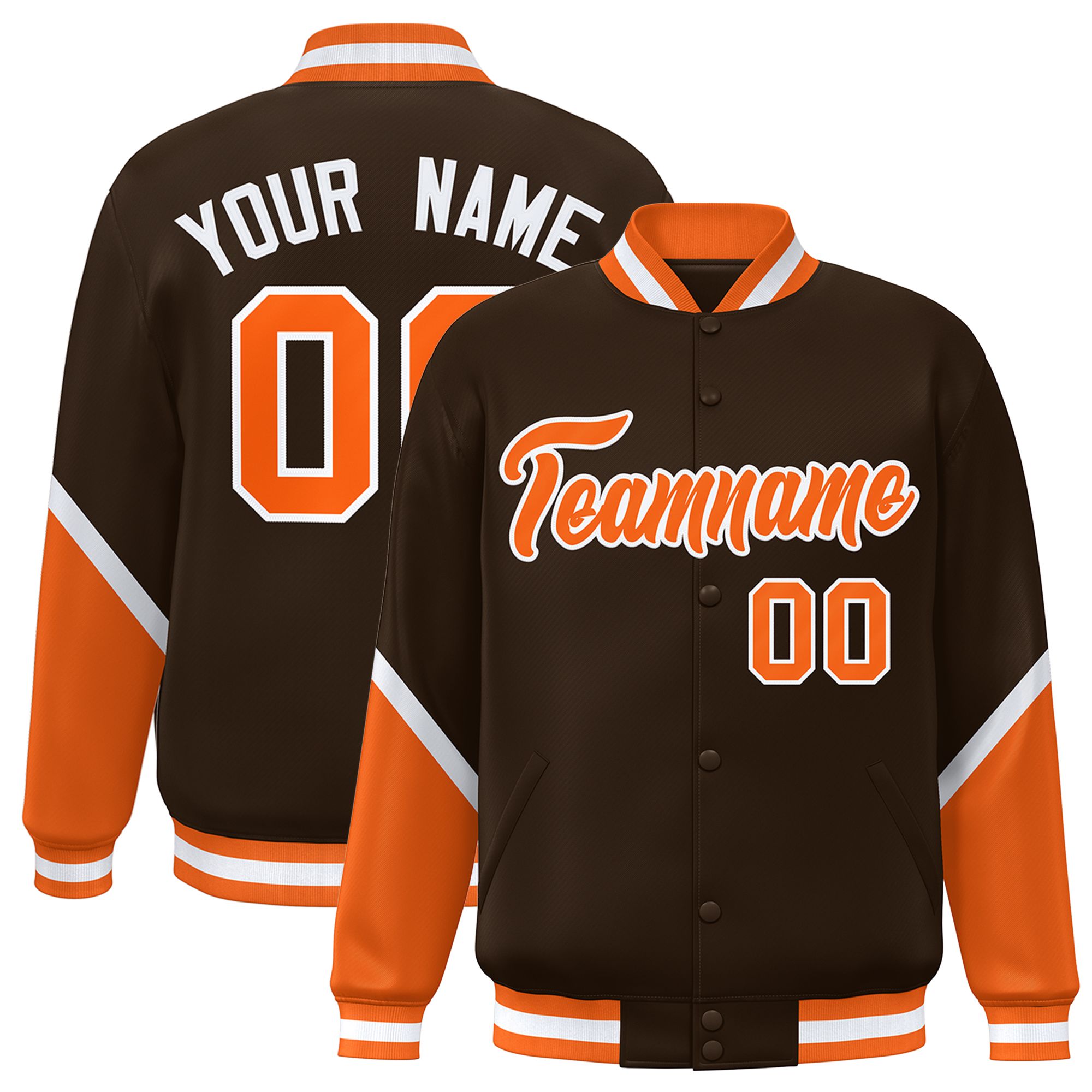 Custom Brown Orange Varsity Full-Snap Color Block Letterman Baseball Jacket