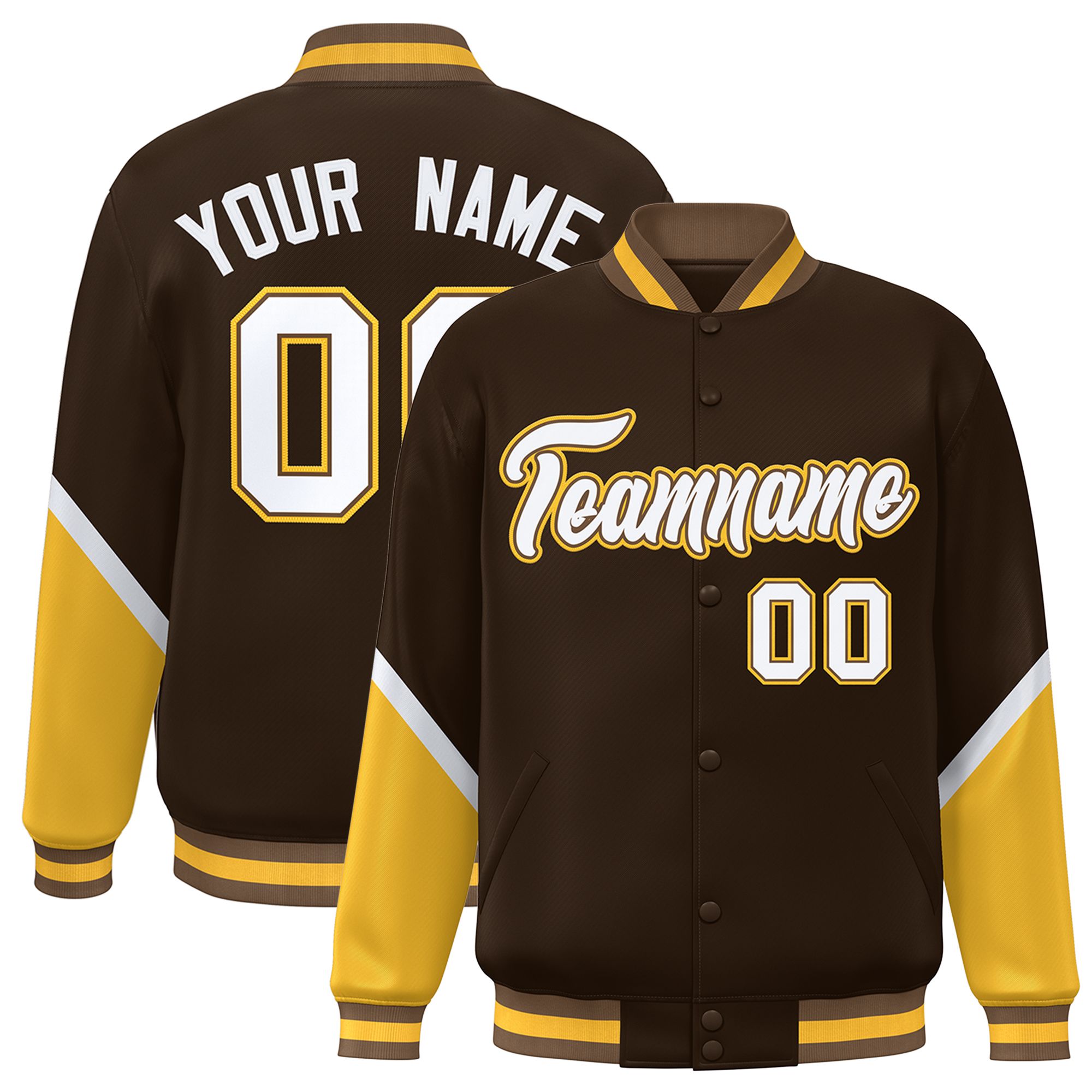 Custom Brown Gold Varsity Full-Snap Color Block Letterman Baseball Jacket