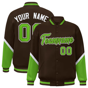 Custom Brown Green Varsity Full-Snap Color Block Letterman Baseball Jacket