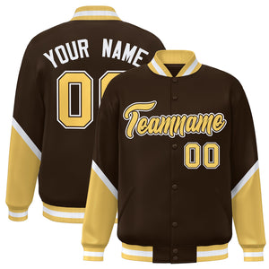 Custom Brown Khaki Varsity Full-Snap Color Block Letterman Baseball Jacket