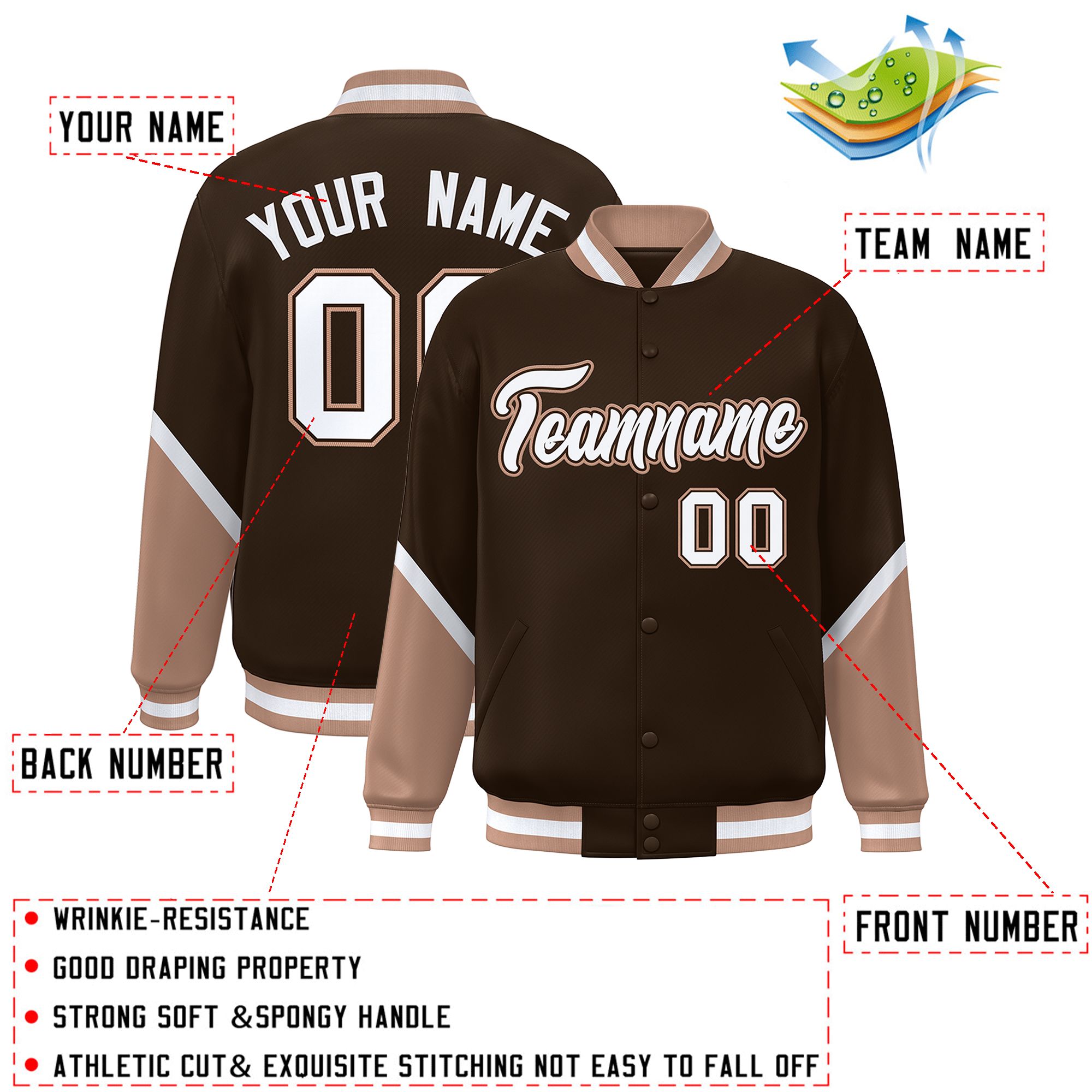 Custom Brown Tea Brown Varsity Full-Snap Color Block Letterman Baseball Jacket