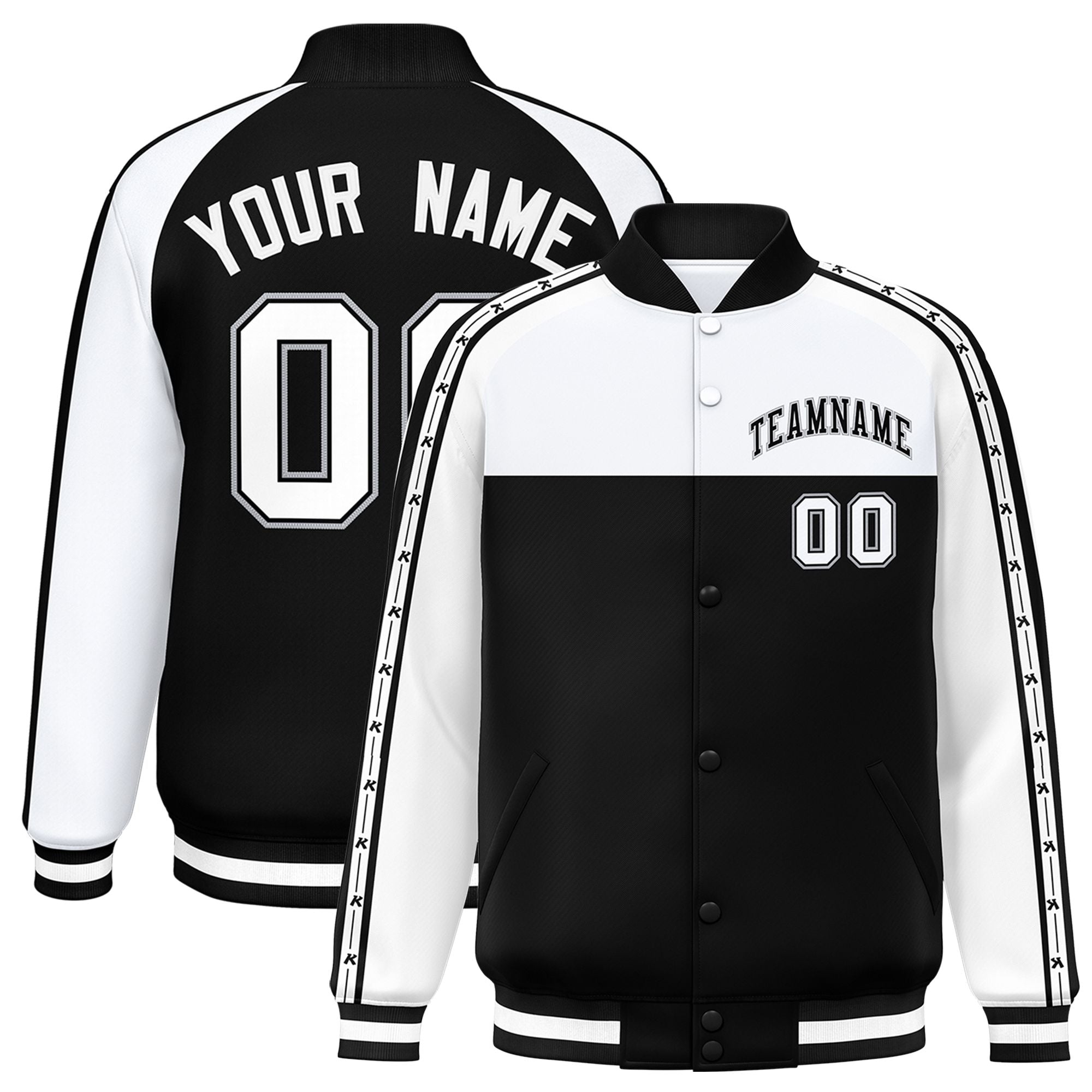 Custom White Black K-Ribbon Raglan Sleeves Varsity Full-Snap Color Block Letterman Jacket