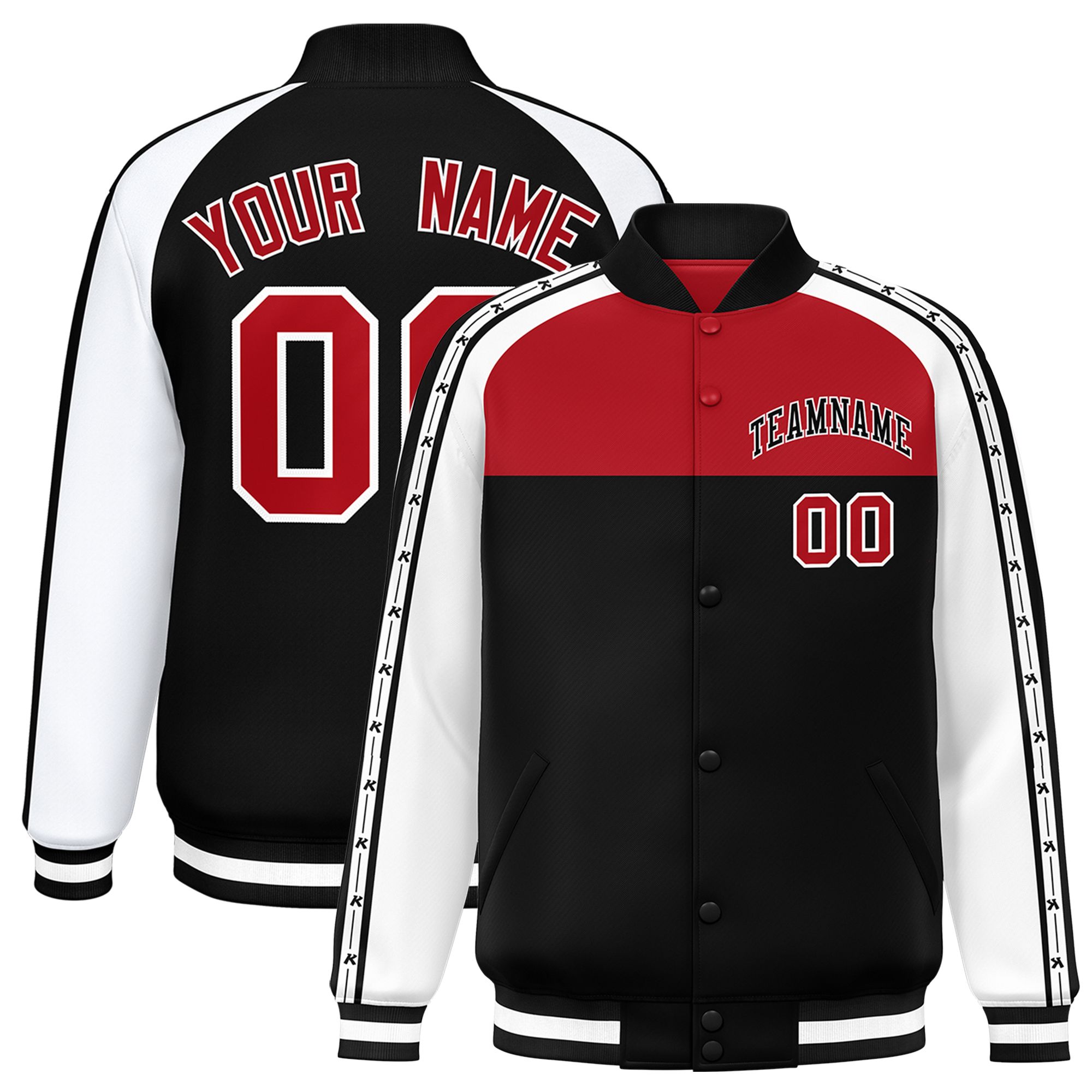 Custom Red Black K-Ribbon Raglan Sleeves Varsity Full-Snap Color Block Letterman Jacket