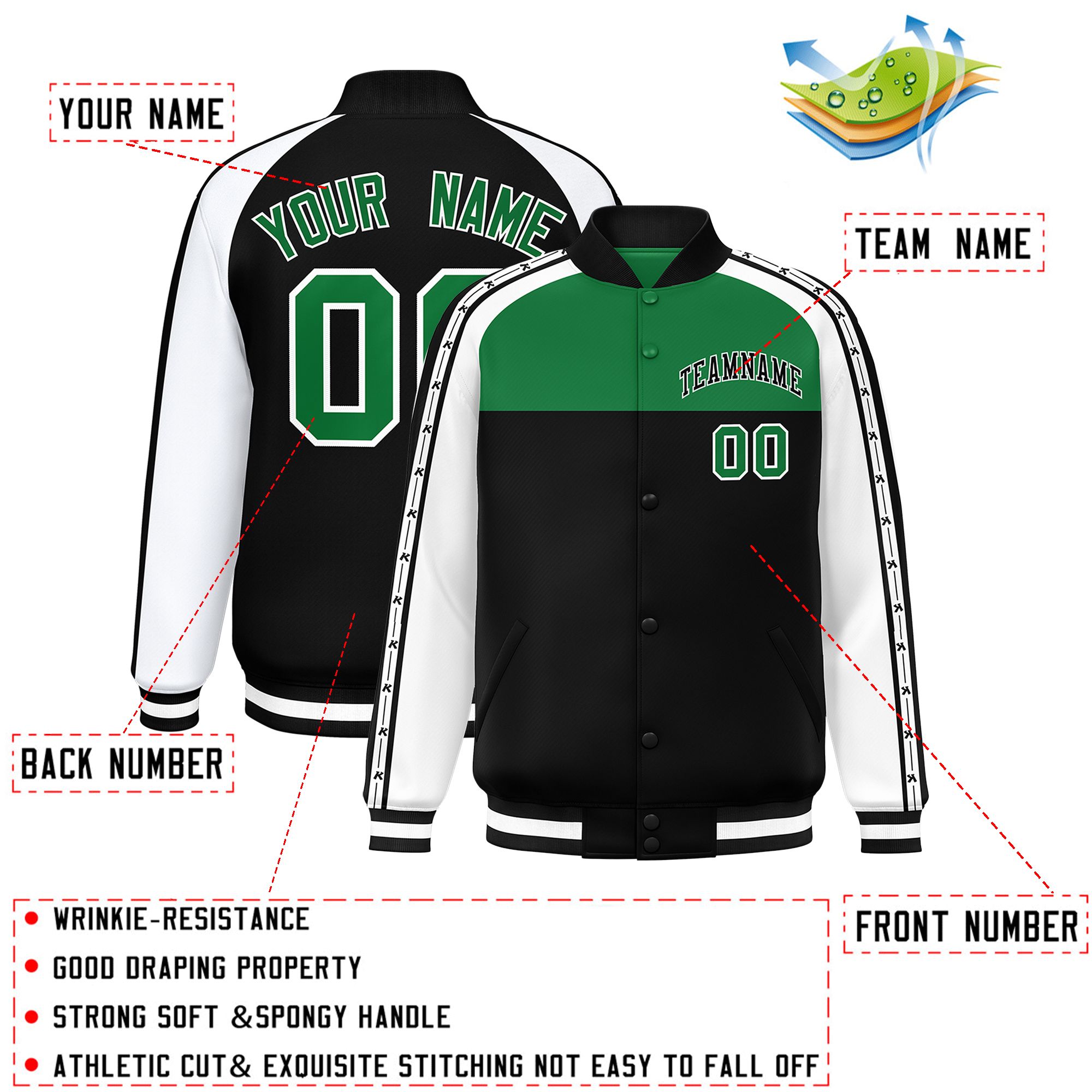 Custom Teal Black K-Ribbon Raglan Sleeves Varsity Full-Snap Color Block Letterman Jacket