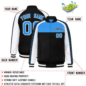 Custom Powder Blue Black K-Ribbon Raglan Sleeves Varsity Full-Snap Color Block Letterman Jacket