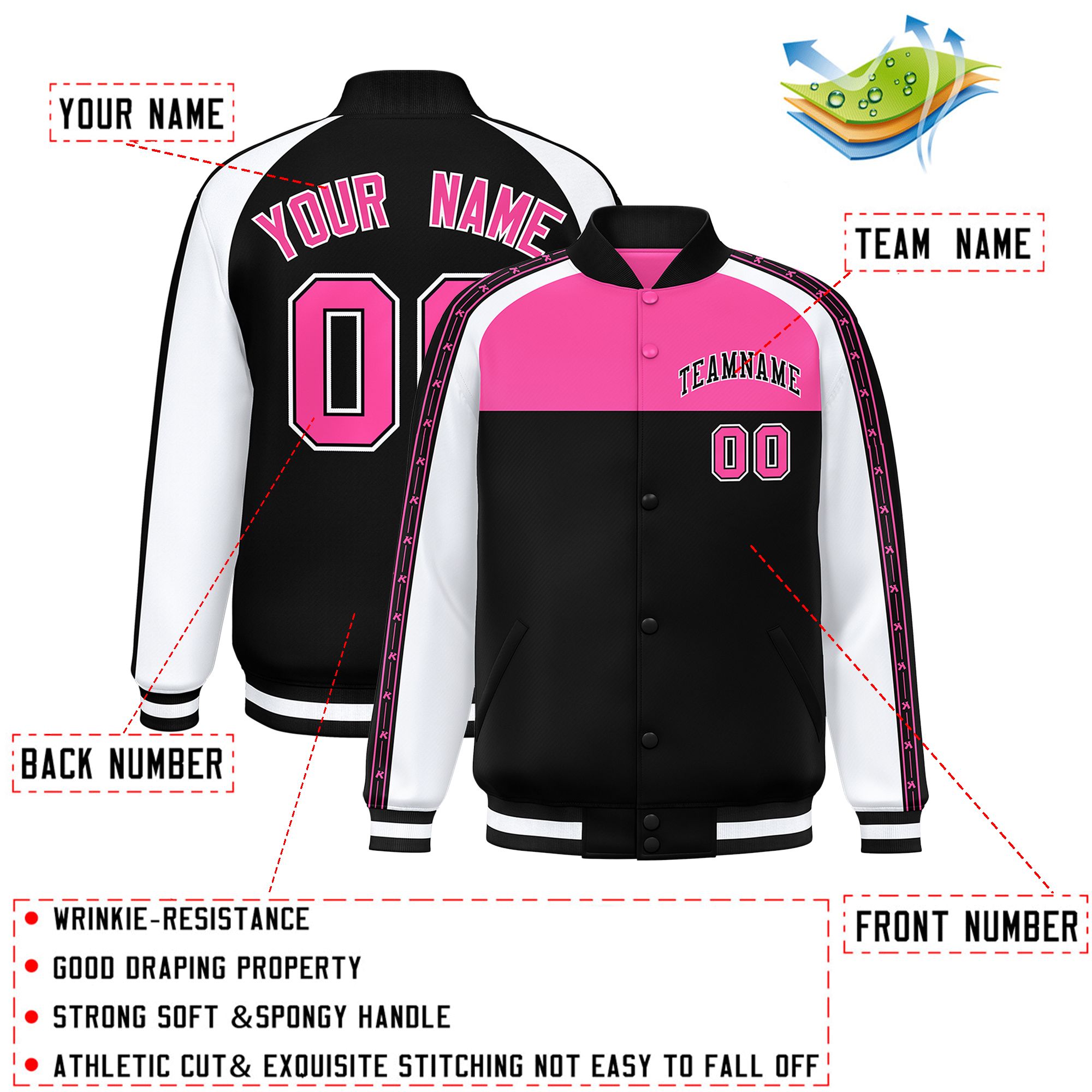 Custom Pink Black K-Ribbon Raglan Sleeves Varsity Full-Snap Color Block Letterman Jacket