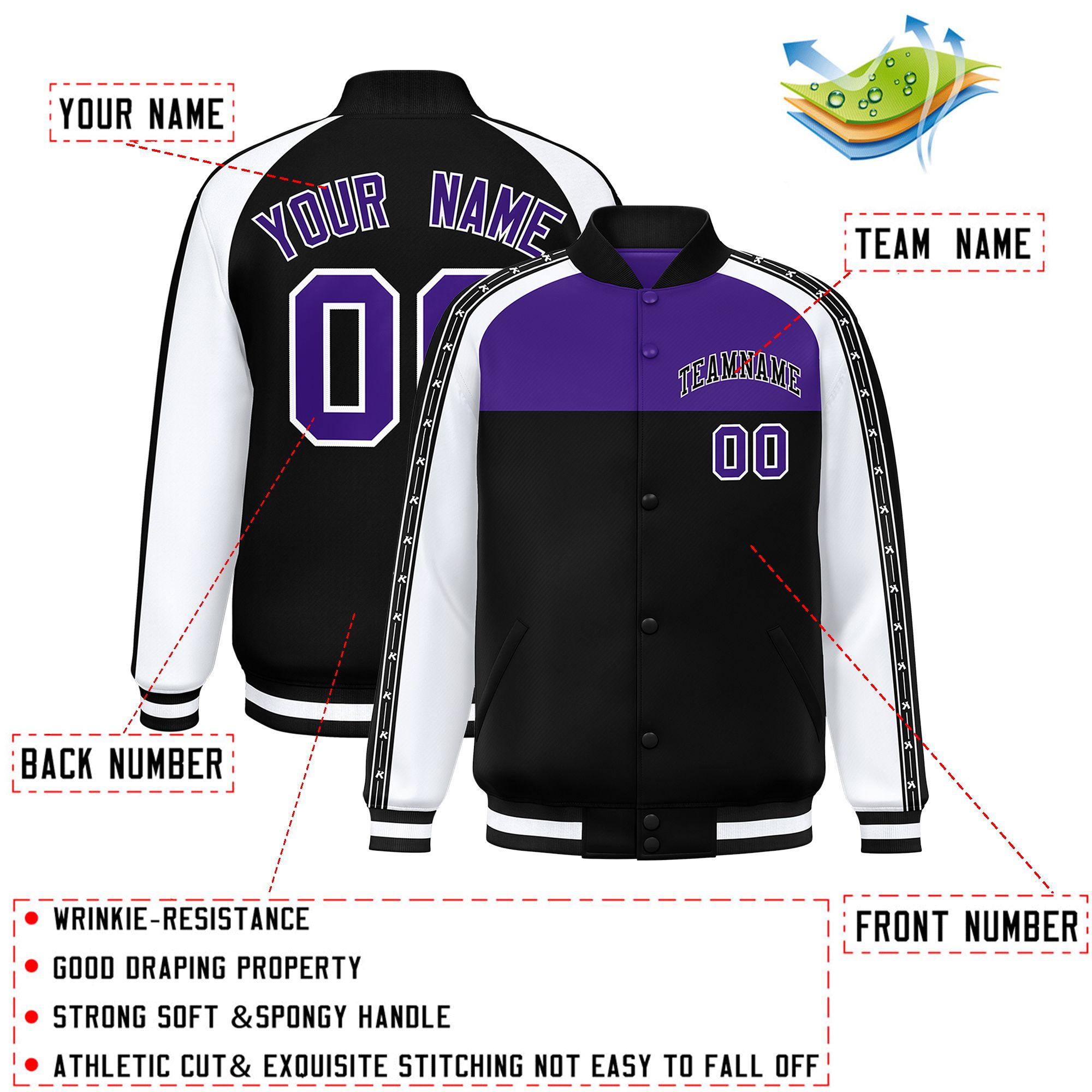 Custom Purple Black K-Ribbon Raglan Sleeves Varsity Full-Snap Color Block Letterman Jacket