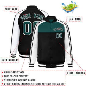 Custom Midnight Green Black K-Ribbon Raglan Sleeves Varsity Full-Snap Color Block Letterman Jacket