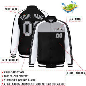 Custom Gray Black K-Ribbon Raglan Sleeves Varsity Full-Snap Color Block Letterman Jacket