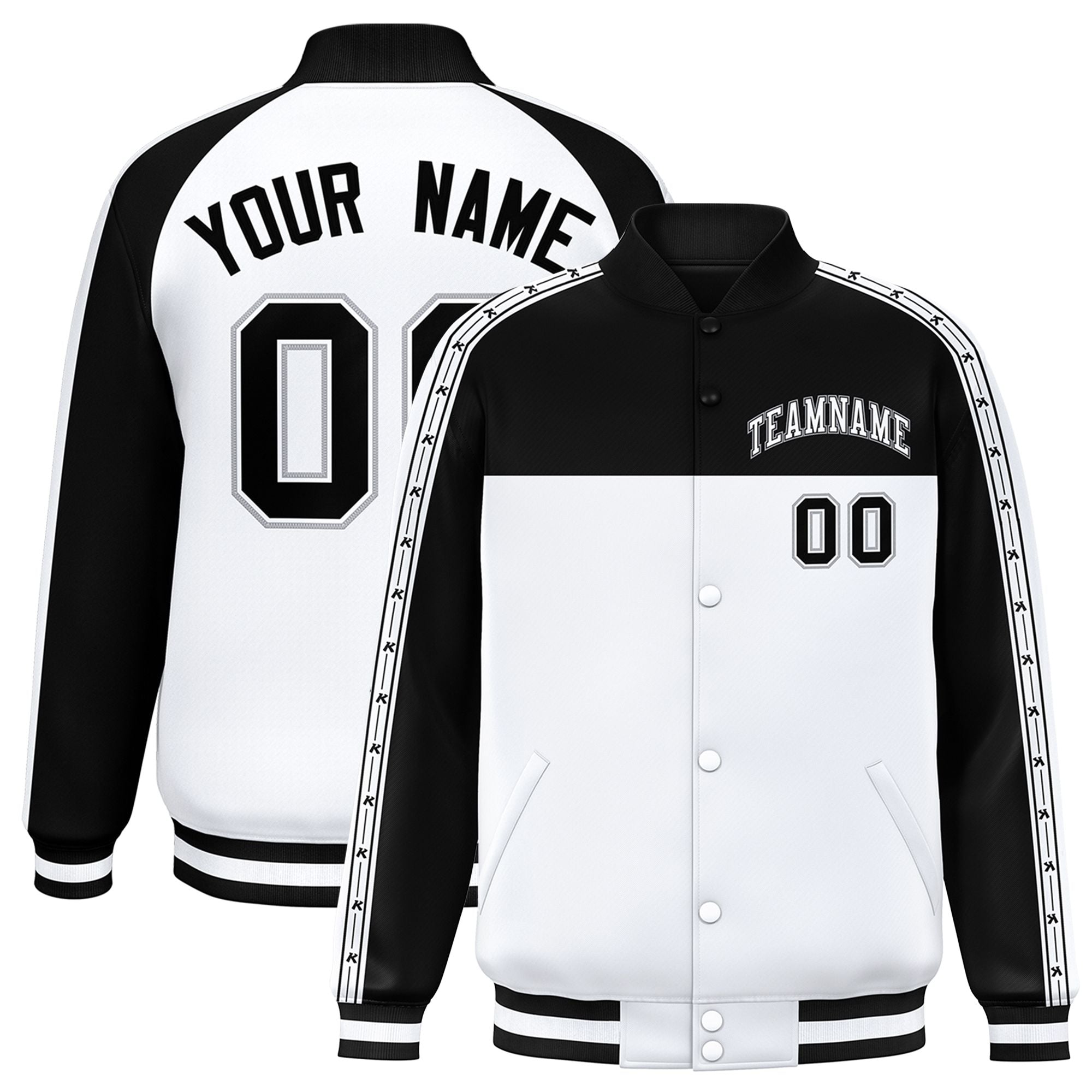 Custom Black White K-Ribbon Raglan Sleeves Varsity Full-Snap Color Block Letterman Jacket