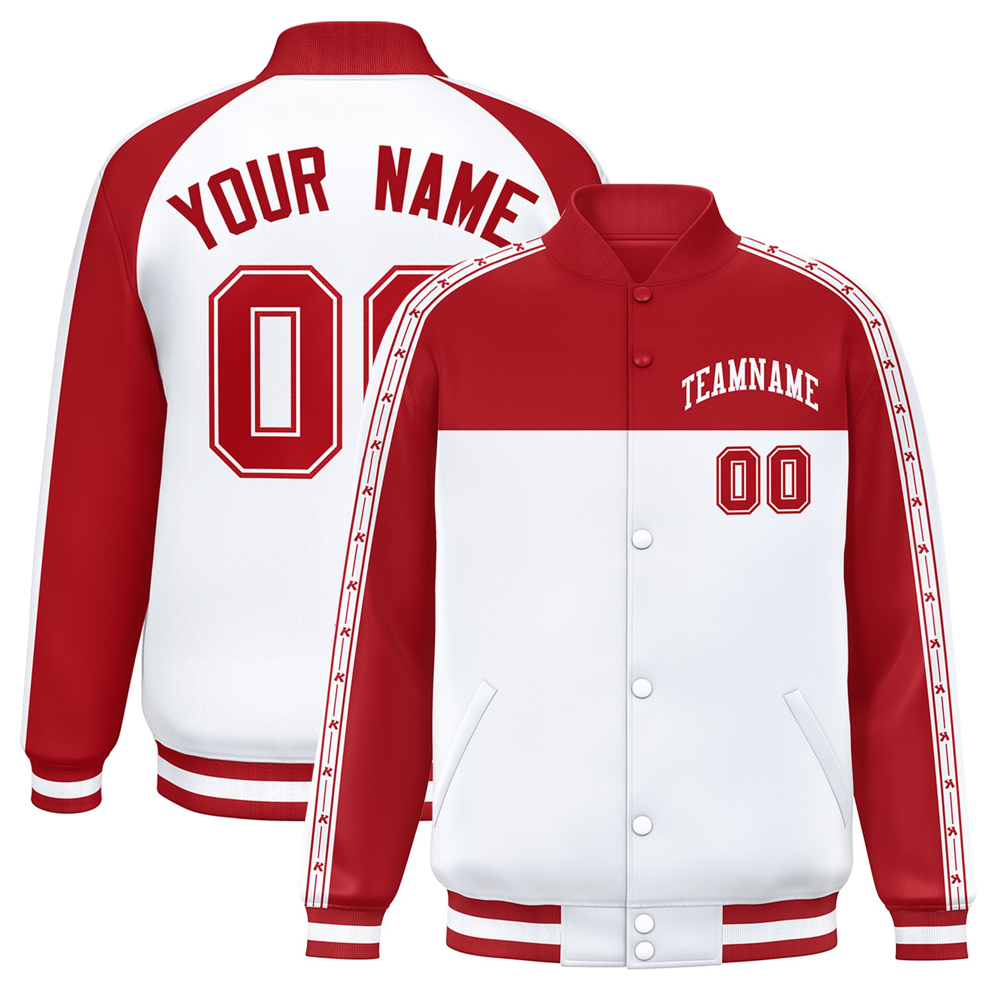 Custom Red White K-Ribbon Raglan Sleeves Varsity Full-Snap Color Block Letterman Jacket