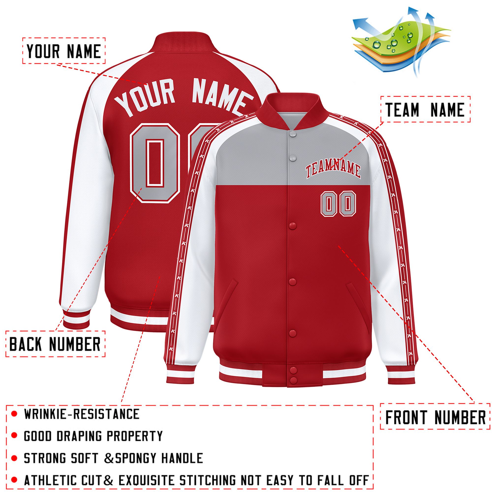 Custom Gray Red K-Ribbon Raglan Sleeves Varsity Full-Snap Color Block Letterman Jacket