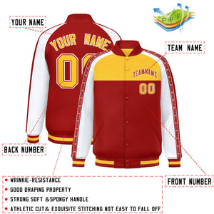 Custom Gold Red K-Ribbon Raglan Sleeves Varsity Full-Snap Color Block Letterman Jacket