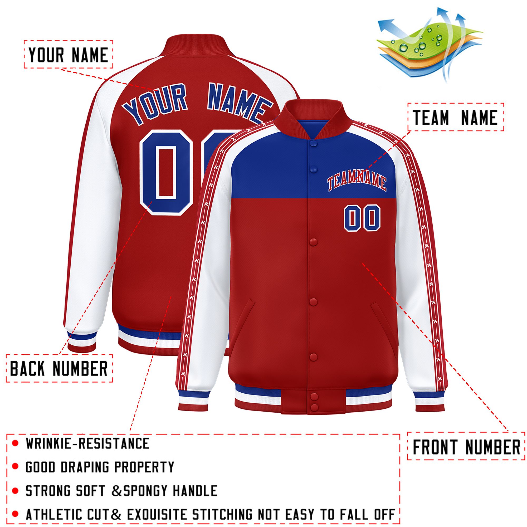 Custom Royal Red K-Ribbon Raglan Sleeves Varsity Full-Snap Color Block Letterman Jacket