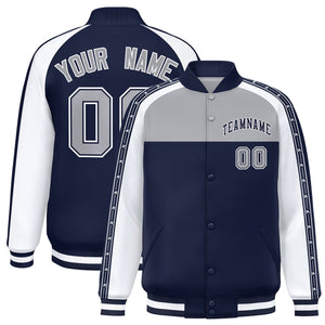 Custom Gray Navy K-Ribbon Raglan Sleeves Varsity Full-Snap Color Block Letterman Jacket