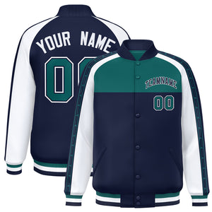 Custom Aqua Navy K-Ribbon Raglan Sleeves Varsity Full-Snap Color Block Letterman Jacket