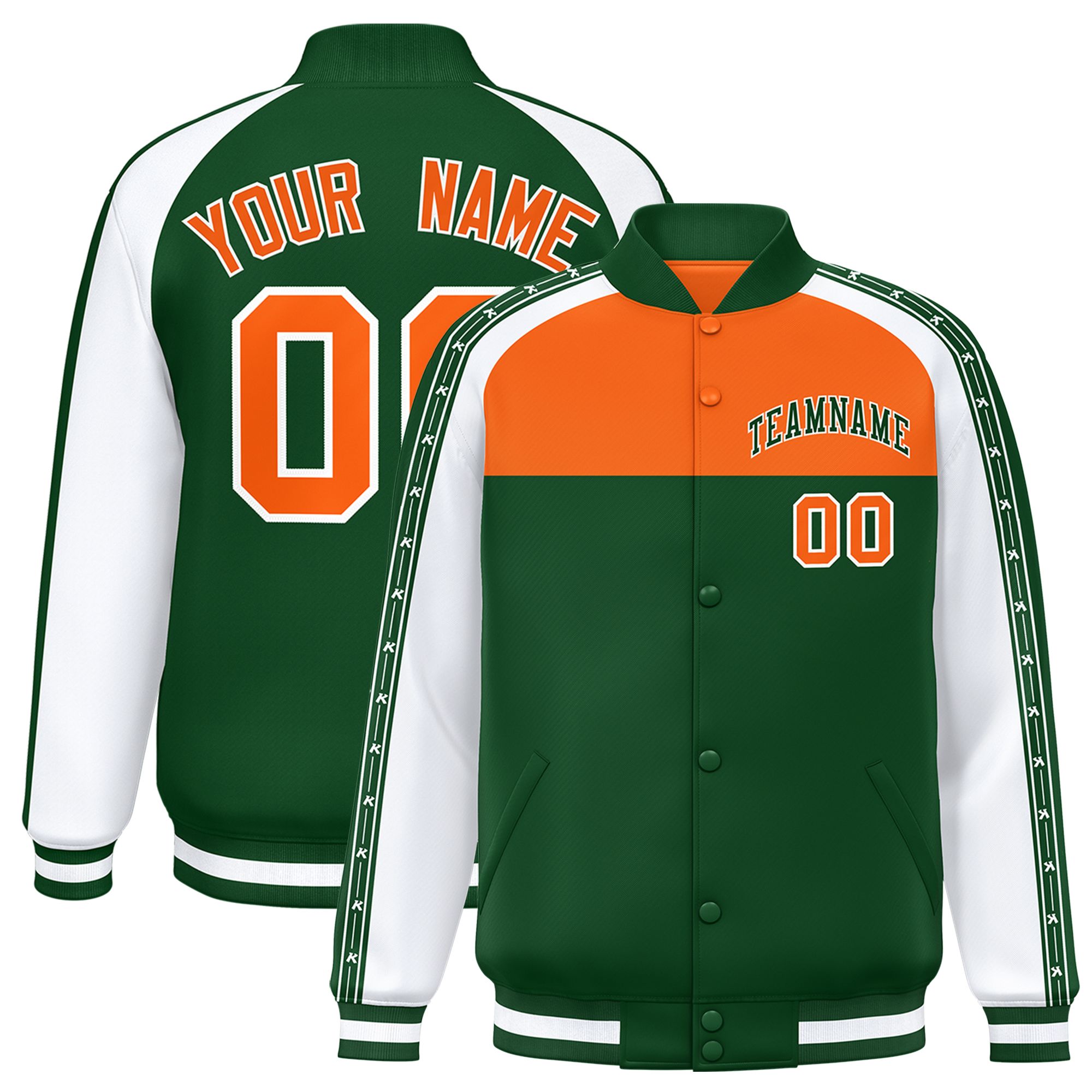 Custom Orange Green K-Ribbon Raglan Sleeves Varsity Full-Snap Color Block Letterman Jacket