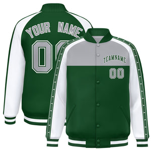 Custom Gray Green K-Ribbon Raglan Sleeves Varsity Full-Snap Color Block Letterman Jacket