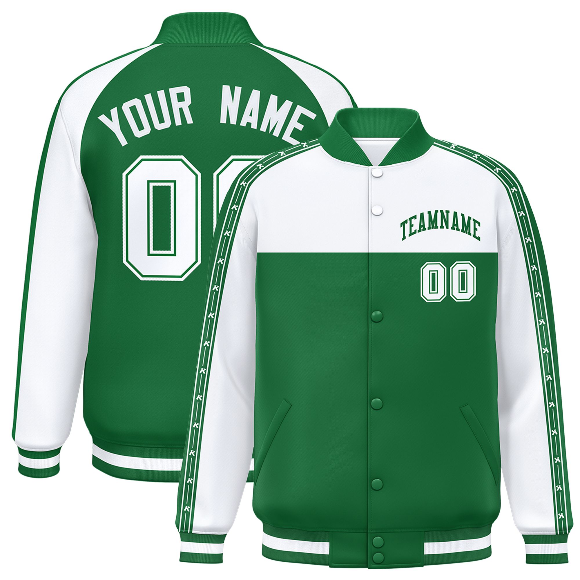 Custom White Teal K-Ribbon Raglan Sleeves Varsity Full-Snap Color Block Letterman Jacket