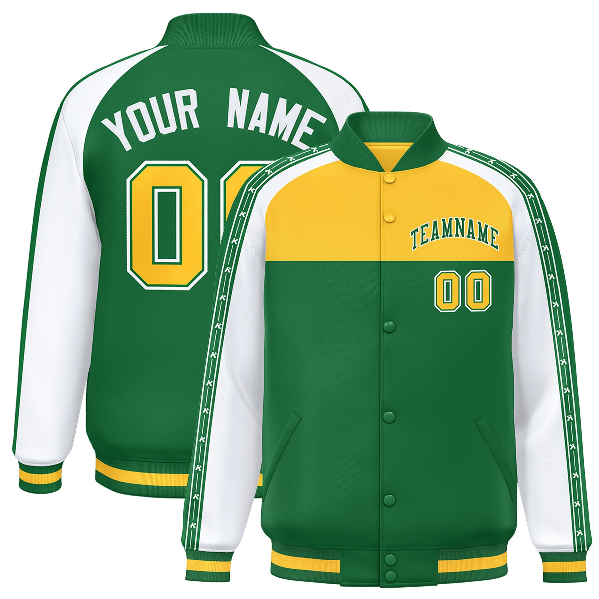 Custom Gold Teal K-Ribbon Raglan Sleeves Varsity Full-Snap Color Block Letterman Jacket