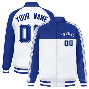 Custom Royal White K-Ribbon Raglan Sleeves Varsity Full-Snap Color Block Letterman Jacket