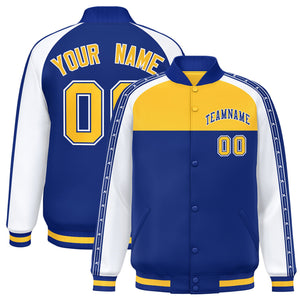 Custom Gold Royal K-Ribbon Raglan Sleeves Varsity Full-Snap Color Block Letterman Jacket