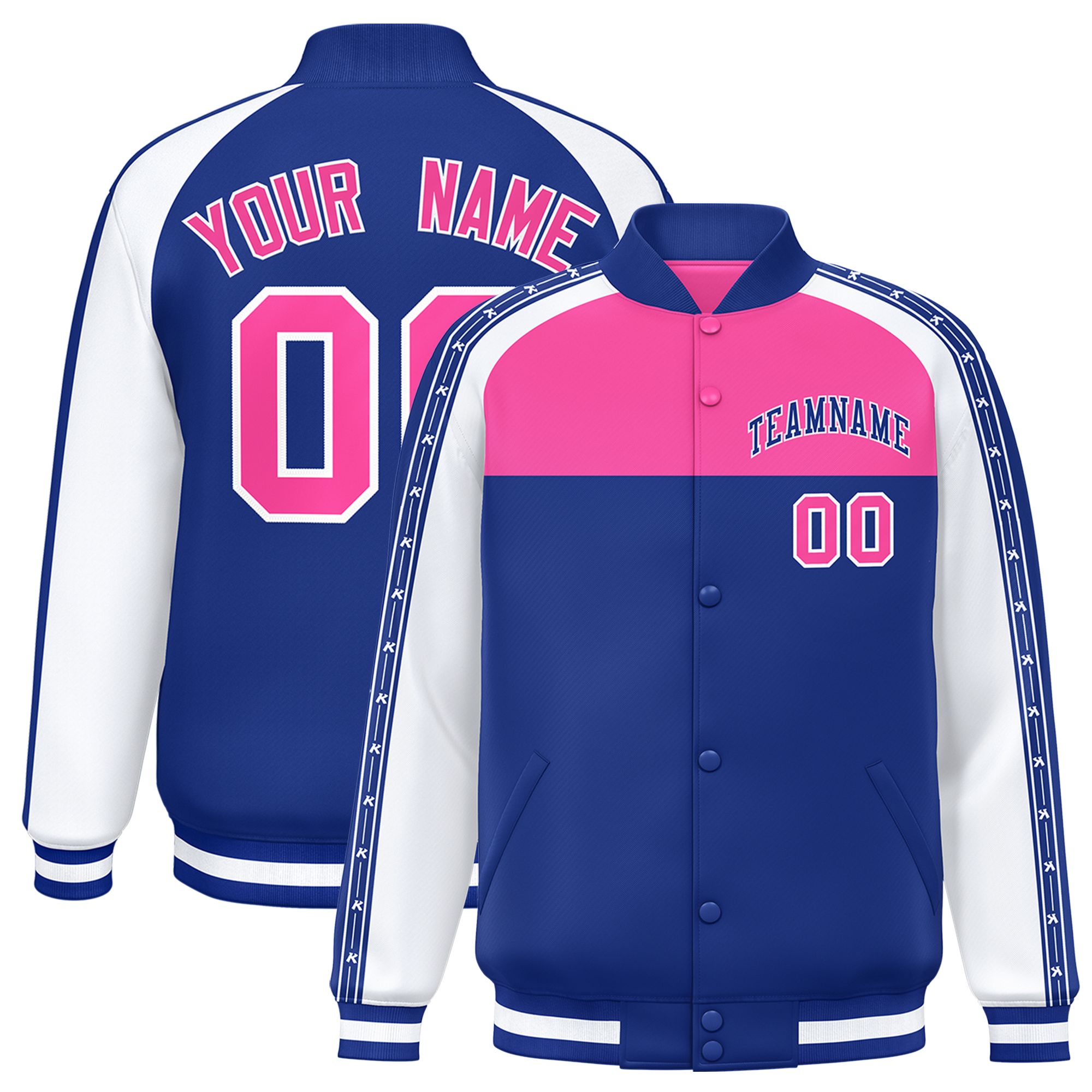 Custom Pink Royal K-Ribbon Raglan Sleeves Varsity Full-Snap Color Block Letterman Jacket