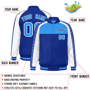 Custom Powder Blue Royal K-Ribbon Raglan Sleeves Varsity Full-Snap Color Block Letterman Jacket