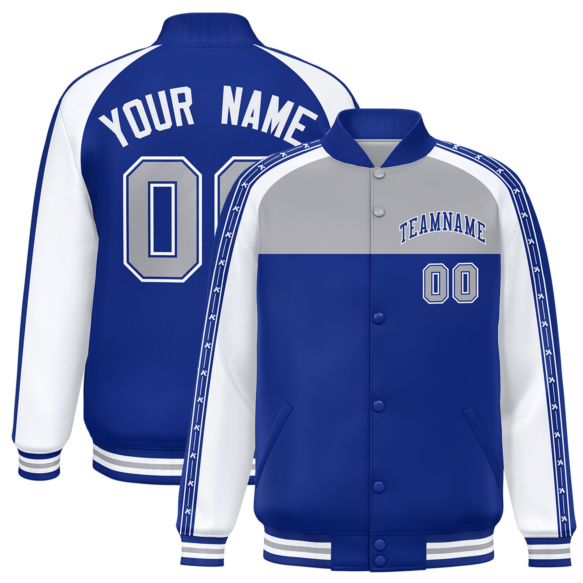 Custom Gray Royal K-Ribbon Raglan Sleeves Varsity Full-Snap Color Block Letterman Jacket