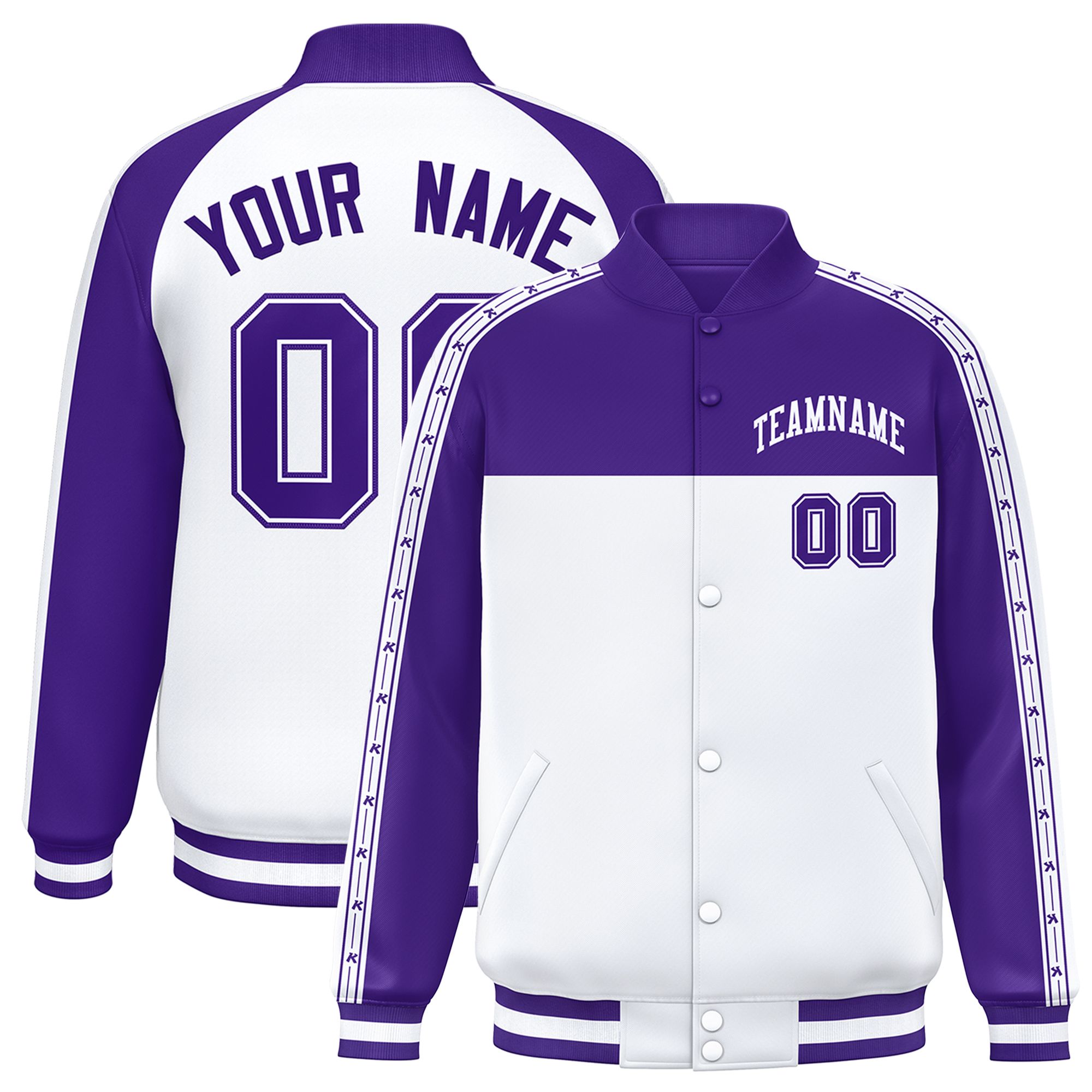 Custom Purple White K-Ribbon Raglan Sleeves Varsity Full-Snap Color Block Letterman Jacket