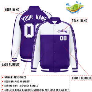 Custom White Purple K-Ribbon Raglan Sleeves Varsity Full-Snap Color Block Letterman Jacket