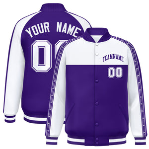 Custom White Purple K-Ribbon Raglan Sleeves Varsity Full-Snap Color Block Letterman Jacket