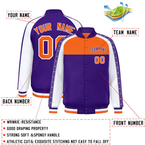 Custom Orange Purple K-Ribbon Raglan Sleeves Varsity Full-Snap Color Block Letterman Jacket