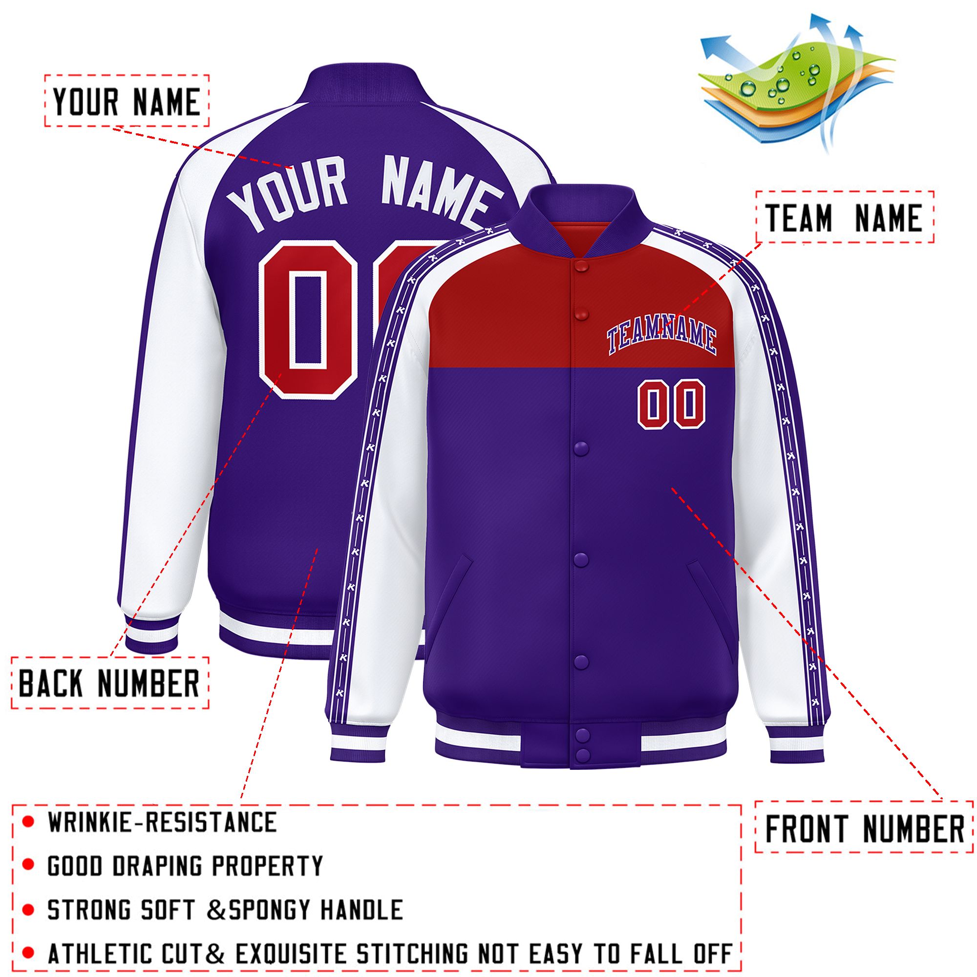 Custom Red Purple K-Ribbon Raglan Sleeves Varsity Full-Snap Color Block Letterman Jacket