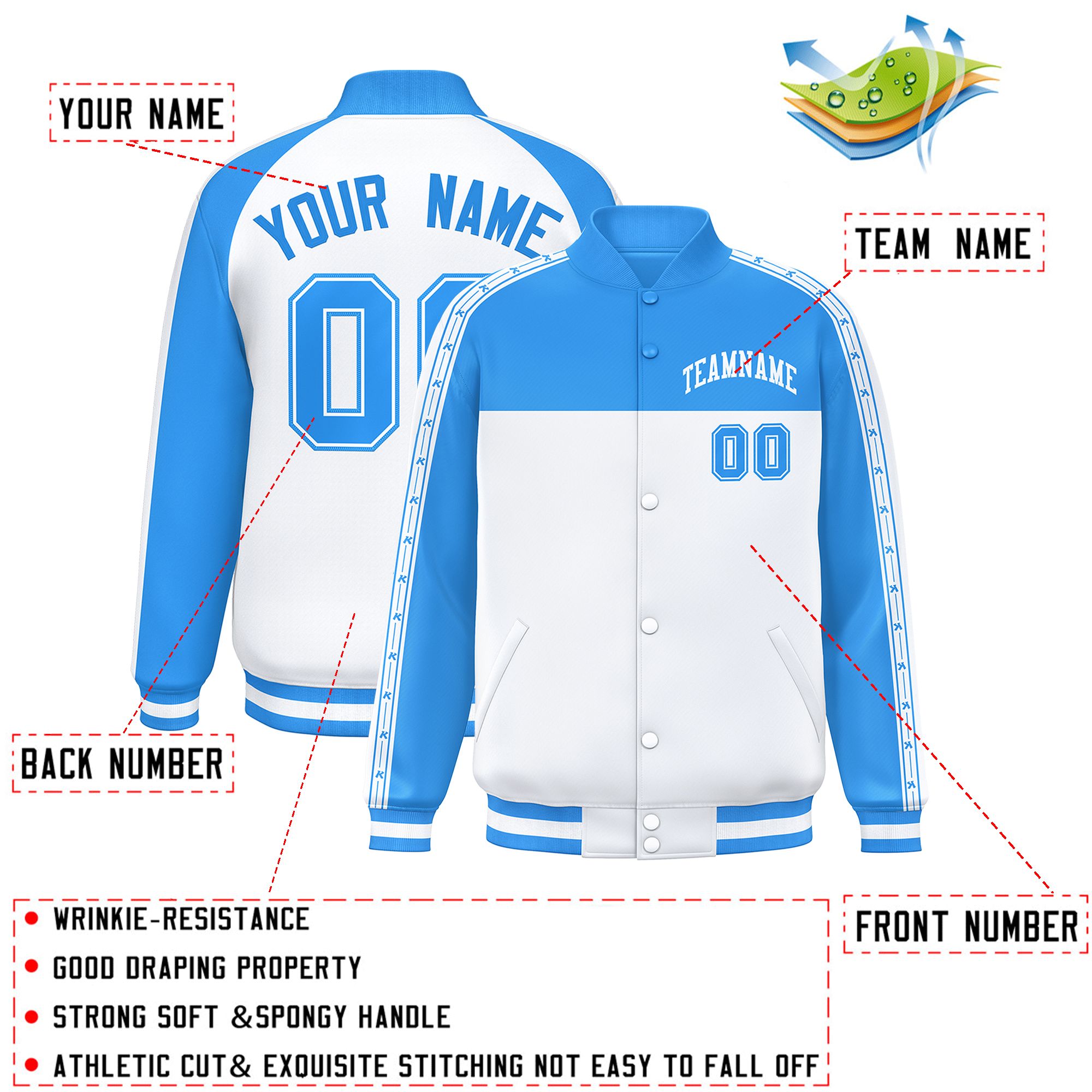 Custom Powder Blue White K-Ribbon Raglan Sleeves Varsity Full-Snap Color Block Letterman Jacket