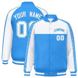 Custom White Powder Blue K-Ribbon Raglan Sleeves Varsity Full-Snap Color Block Letterman Jacket