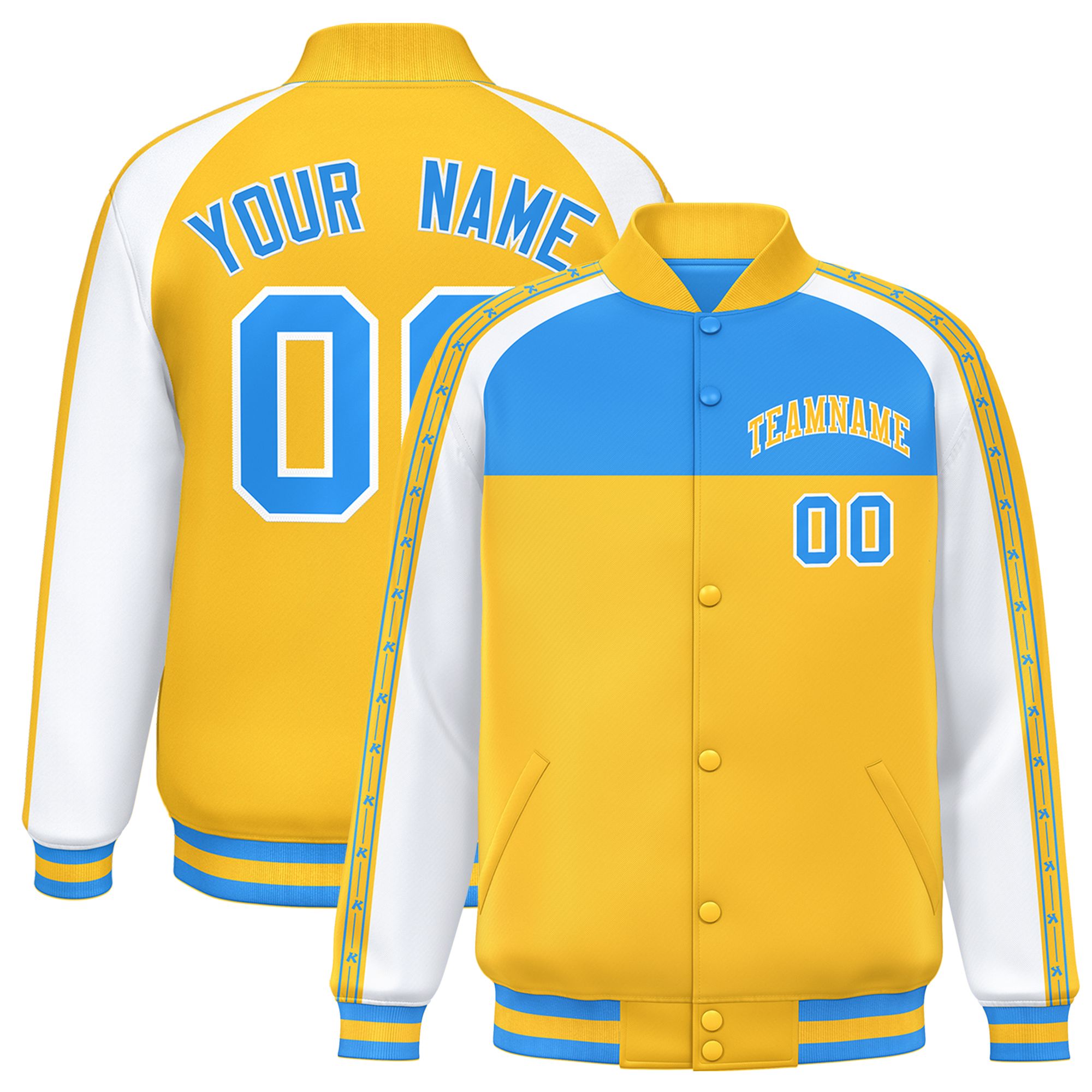 Custom Powder Blue Gold K-Ribbon Raglan Sleeves Varsity Full-Snap Color Block Letterman Jacket