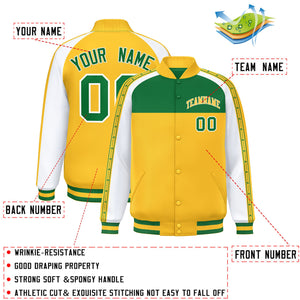 Custom Teal Gold K-Ribbon Raglan Sleeves Varsity Full-Snap Color Block Letterman Jacket