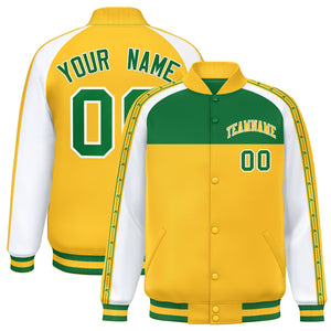 Custom Teal Gold K-Ribbon Raglan Sleeves Varsity Full-Snap Color Block Letterman Jacket