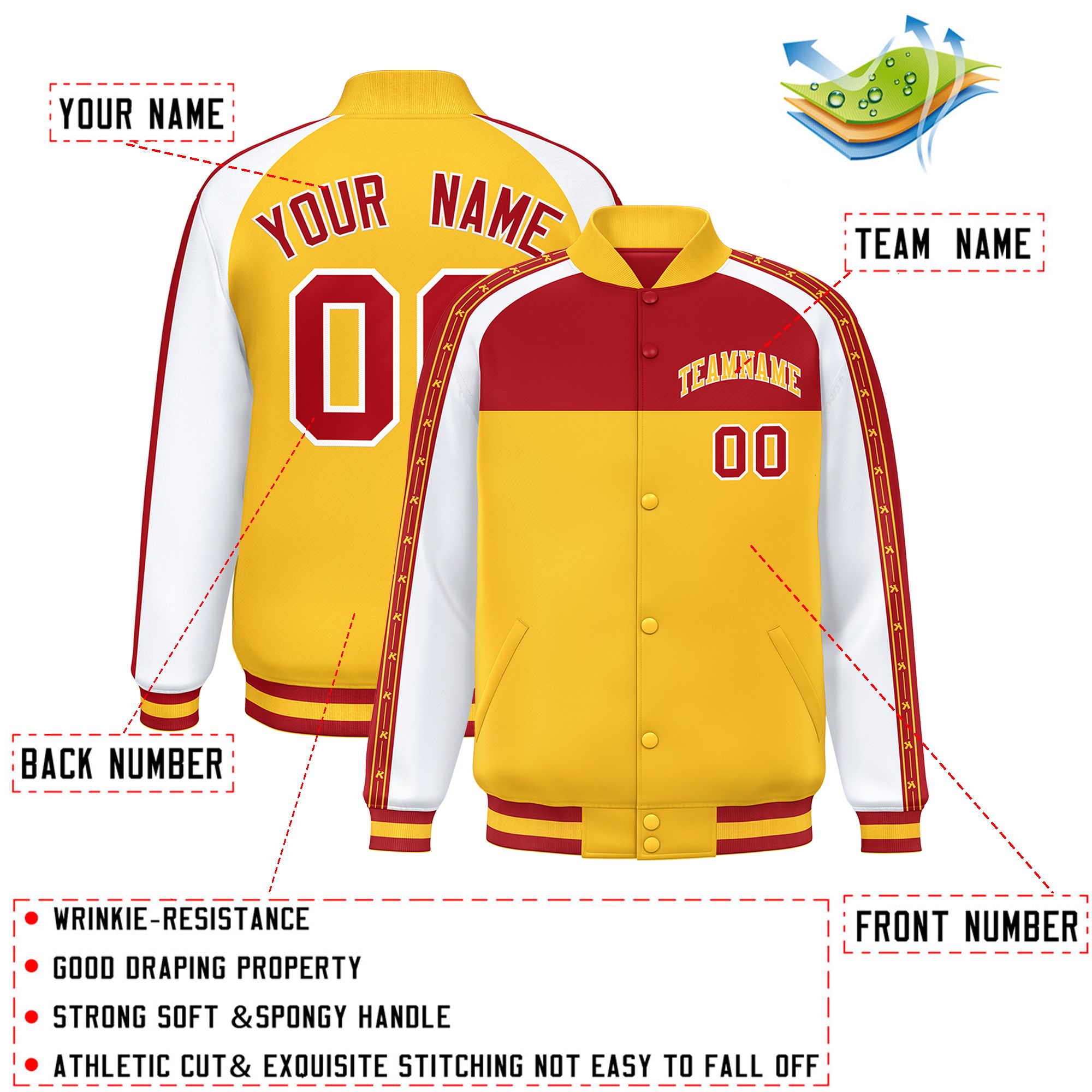 Custom Red Gold K-Ribbon Raglan Sleeves Varsity Full-Snap Color Block Letterman Jacket