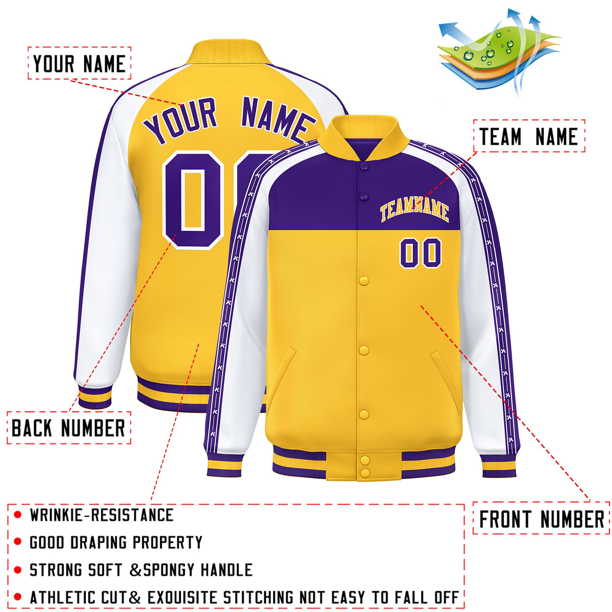 Custom Purple Gold K-Ribbon Raglan Sleeves Varsity Full-Snap Color Block Letterman Jacket