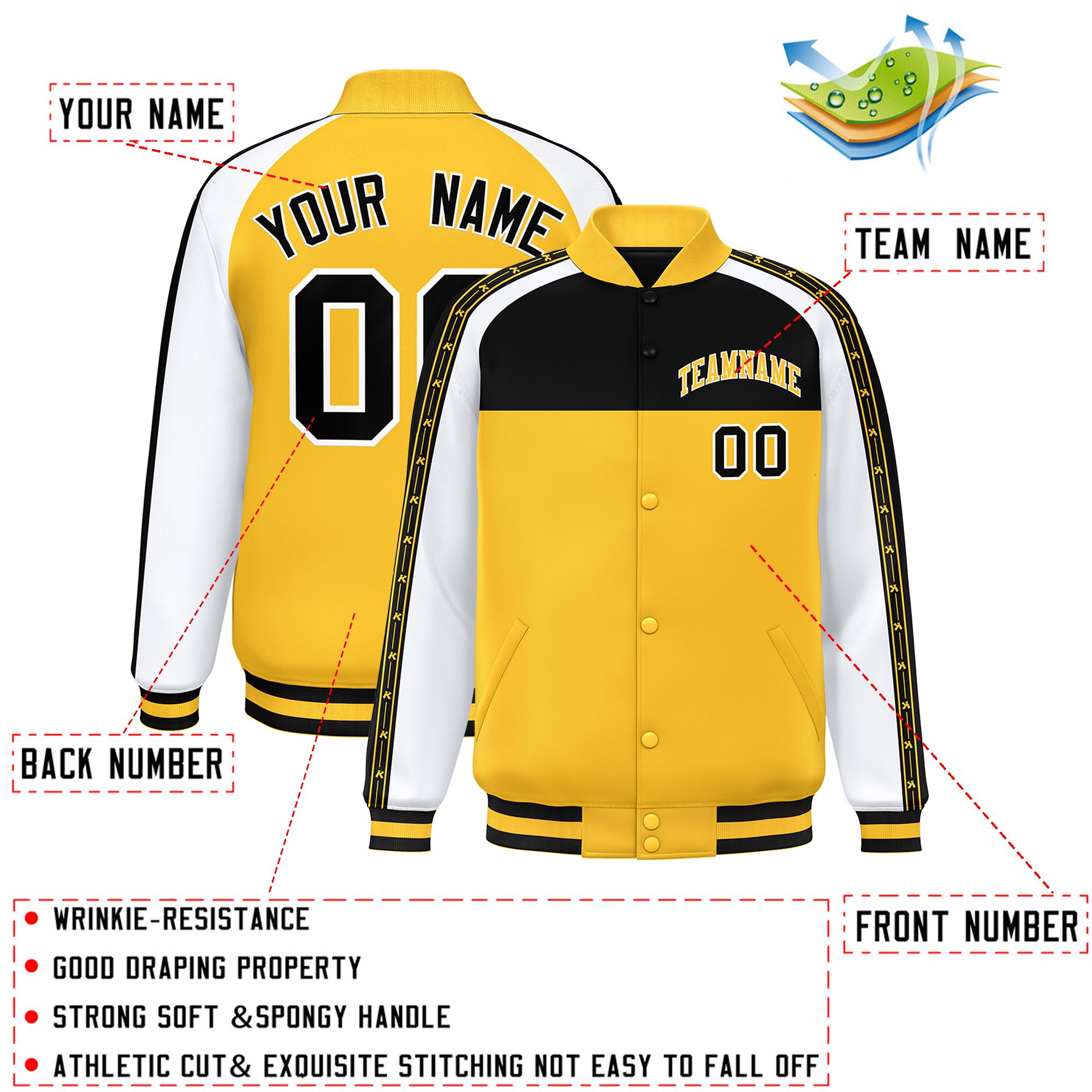 Custom Black Gold K-Ribbon Raglan Sleeves Varsity Full-Snap Color Block Letterman Jacket