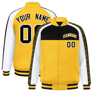 Custom Black Gold K-Ribbon Raglan Sleeves Varsity Full-Snap Color Block Letterman Jacket