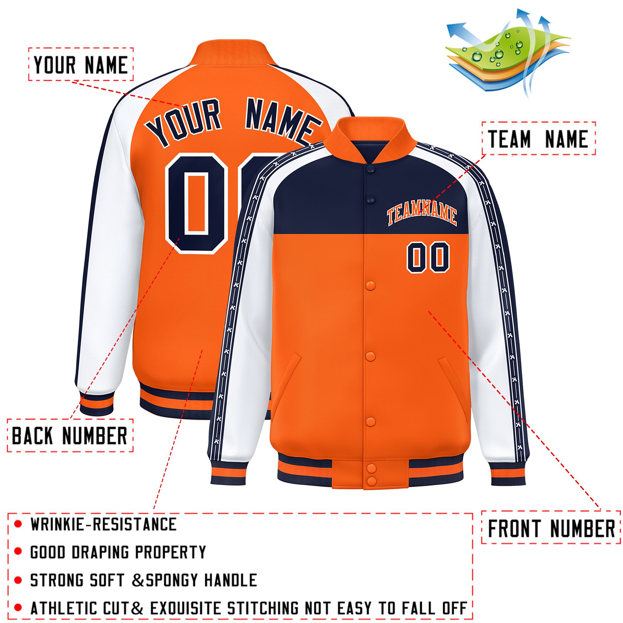 Custom Navy Orange K-Ribbon Raglan Sleeves Varsity Full-Snap Color Block Letterman Jacket