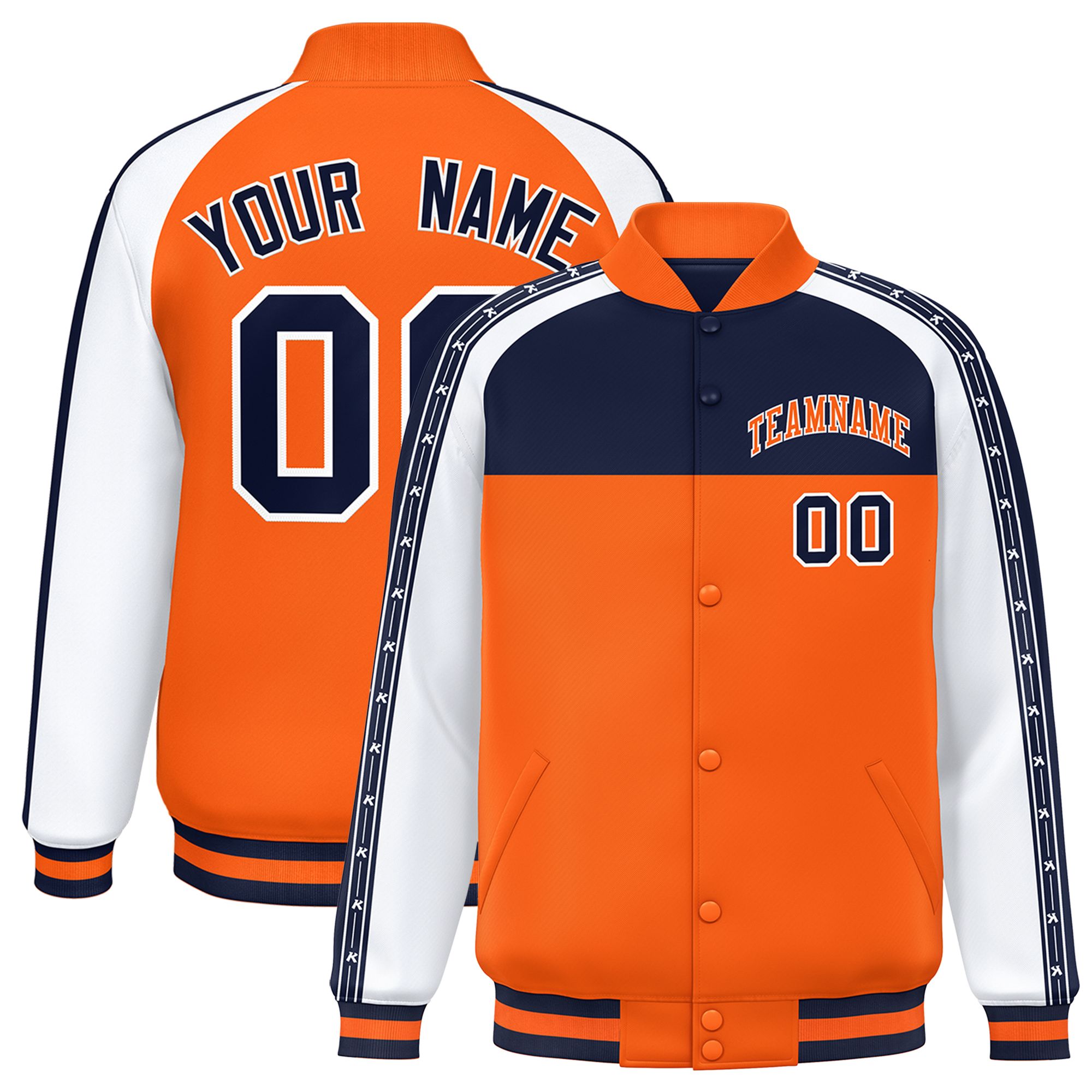 Custom Navy Orange K-Ribbon Raglan Sleeves Varsity Full-Snap Color Block Letterman Jacket